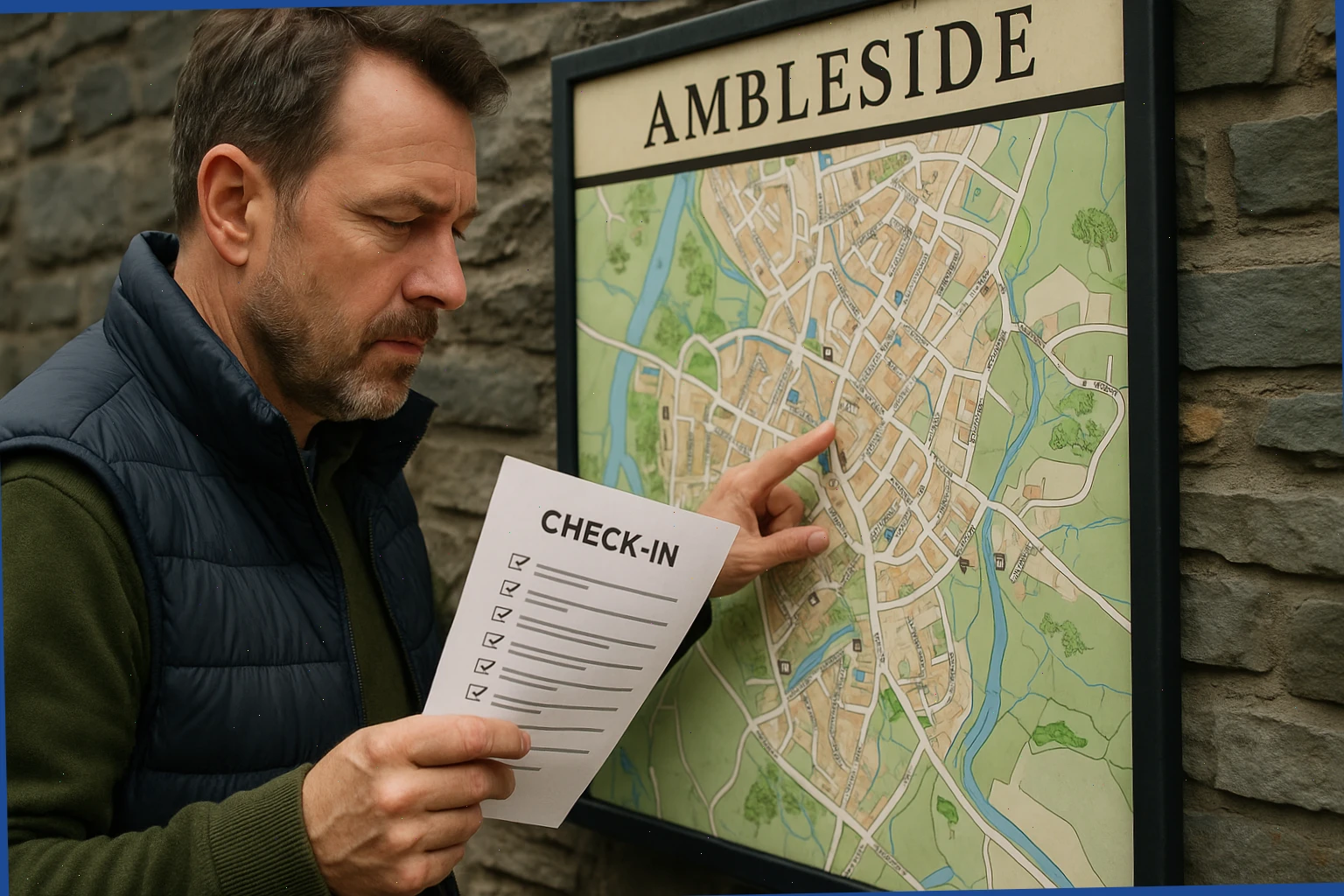Host checking check-in notes against a village map in Ambleside